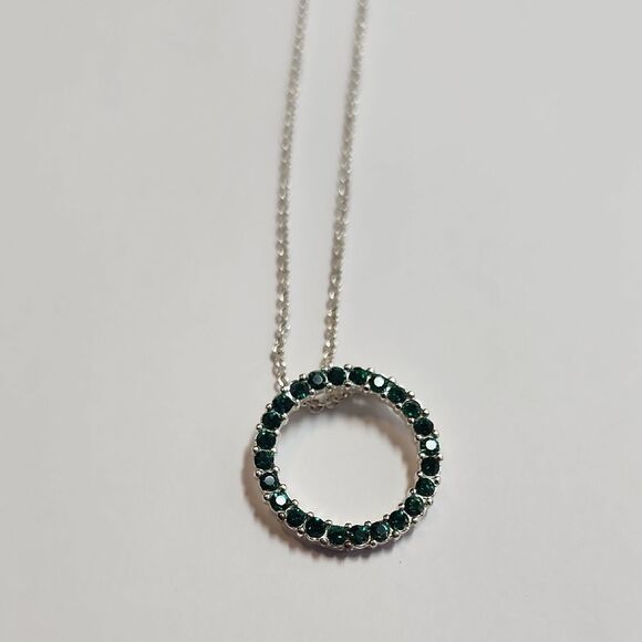 Silvertone Necklace with Green Rhinestones - Picture 2 of 3